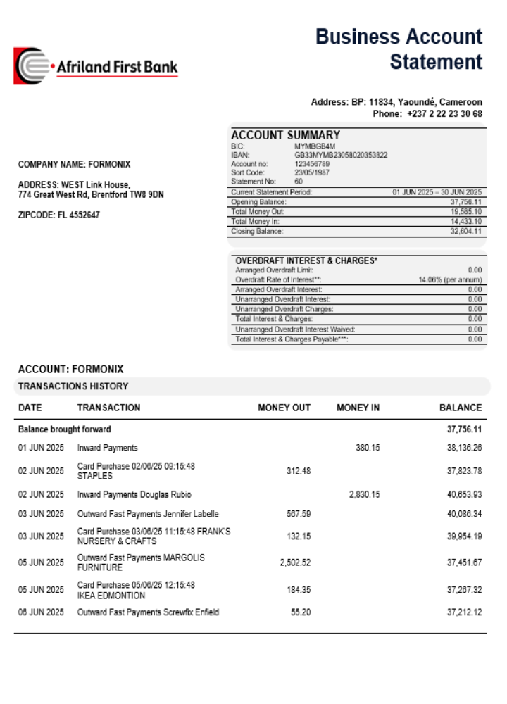 Modèle Word et PDF de relevé de compte courant de l'organisation Afriland First